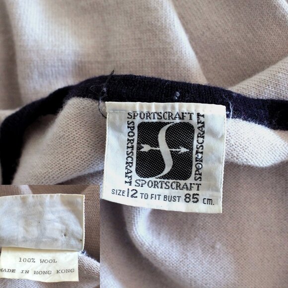 70s Wool Tan Sweater Navy Trim Dolman Sleeves Sportscraft Knit Top - Picture 6 of 8